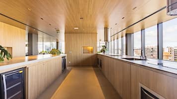 Fridge, microwave, cookware/dishes/utensils