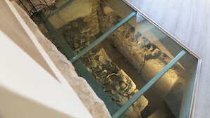 Vitrine de vidro com artefatos arqueológicos.