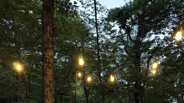 A hot tub on a wooden deck surrounded by trees, with string lights overhead.