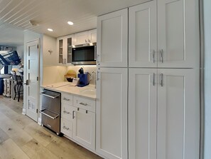 Fridge, microwave, toaster, cookware/dishes/utensils