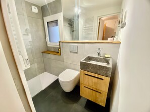 Shower, hair dryer, towels, soap