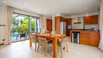 Villa, 3 Bedrooms, Balcony, Pool View | In-room dining