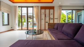 Villa, 3 Bedrooms, Balcony, Pool View | Living area | 43-inch Smart TV with digital channels, Netflix, streaming services