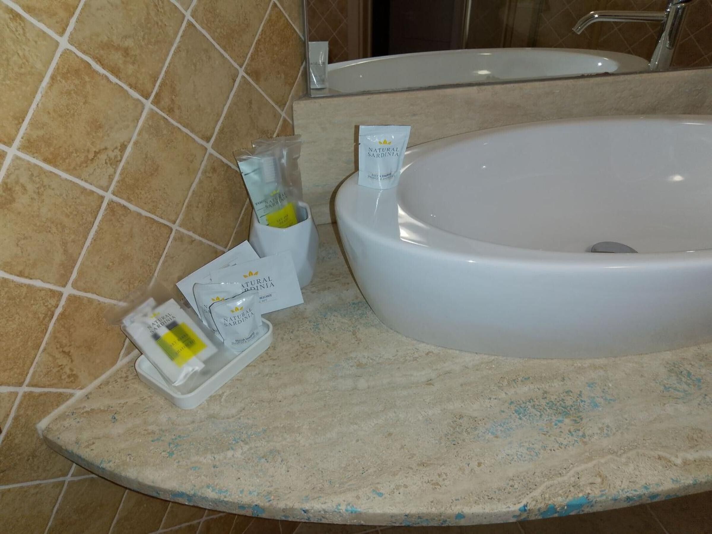 A bathroom with a large sink, a mirror, and toiletries on the countertop.