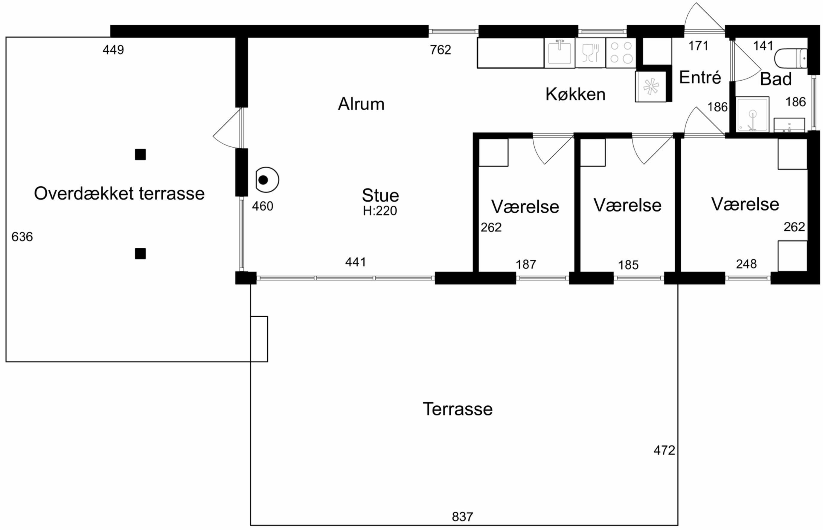 A floor plan with an overwater terrace, a study, three ensuite bathrooms, and a kitchen area.