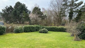 En velholdt græsplæne med forskellige træer og buske, herunder et blomstrende træ og pænt beskåret hække.