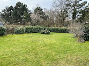 A well-maintained lawn with a variety of trees and shrubs, including a flowering tree and neatly trimmed hedges. - Holiday bliss near beach and nature (Græsted)