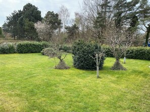 Un jardín bien cuidado, con setos recortados y diversas especies de árboles.