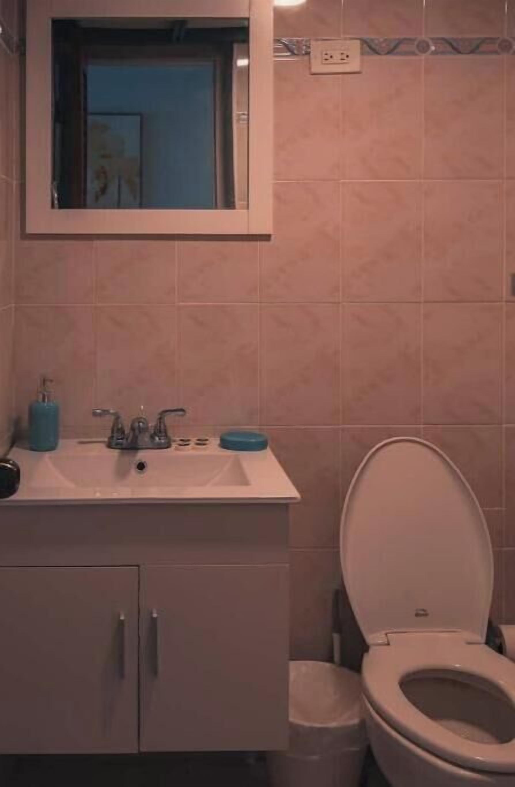 Un baño con lavamanos, espejo e inodoro.