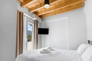 A bedroom with a bed, a flat-screen TV, and a view of the outdoors.