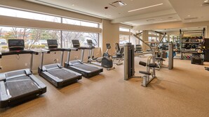 Ett gym med löpband, styrketräningsmaskiner och en stång för vikter.