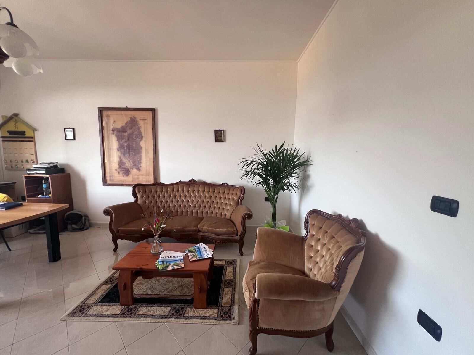 A living room with a brown sofa set, a coffee table, and a potted plant.