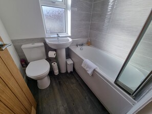 Hair dryer, towels, soap, toilet paper