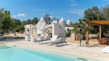 Seasonal outdoor pool, pool loungers