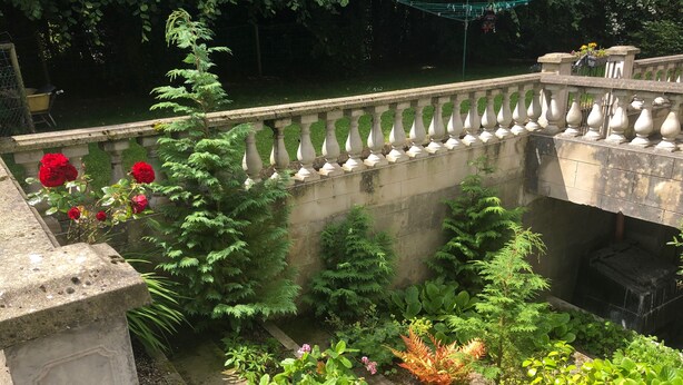 A garden with a stone balustrade, various plants, and a concrete wall. - Fabulous 6 Bedroom Victorian Period House (Londonderry)