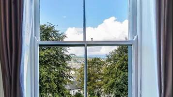 Una ventana con vistas despejadas a un césped verde y árboles, enmarcada por cortinas.