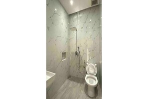 Hair dryer, towels, soap, toilet paper