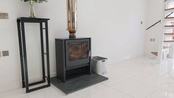 A modern living room with a fireplace, a black metal frame, and a vase of flowers on a table.