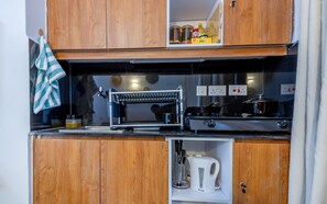 Fridge, microwave, stovetop, electric kettle