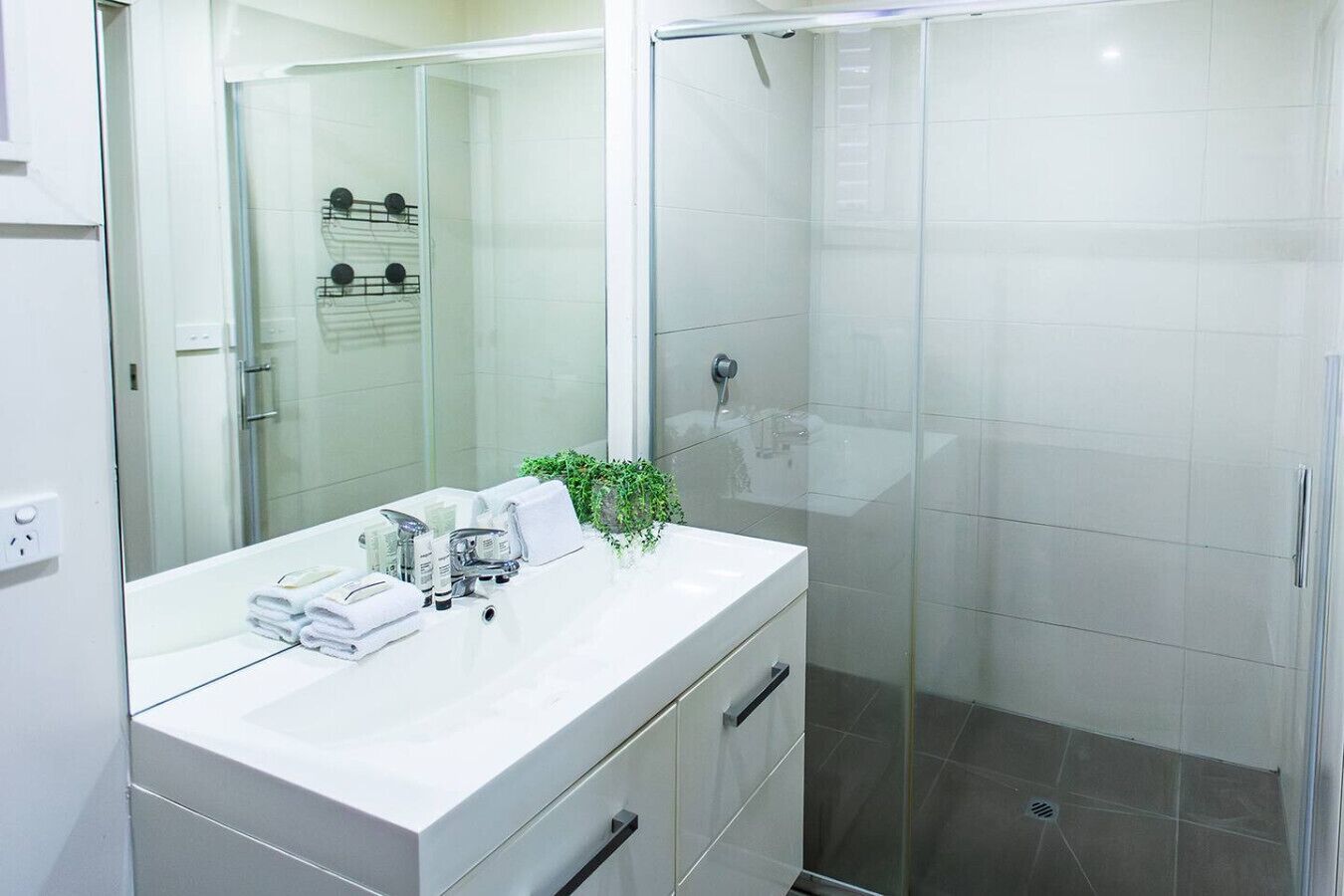 Hair dryer, towels, soap, shampoo