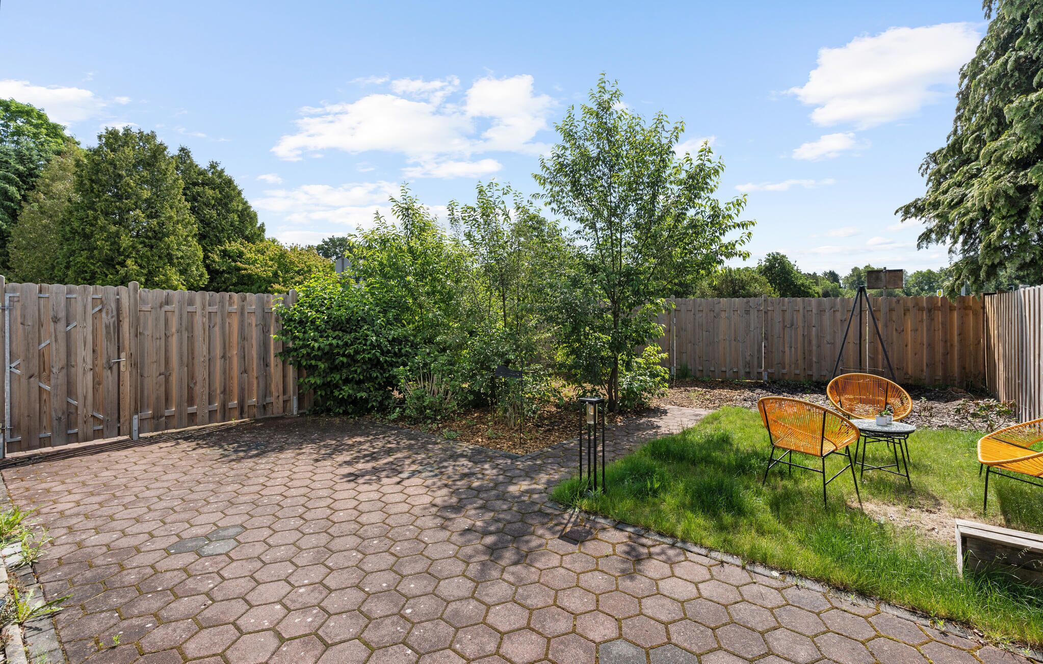 A backyard with a paved patio, two wicker chairs, a small tree, and a wooden fence.
