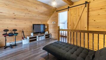 TV, fireplace, table football