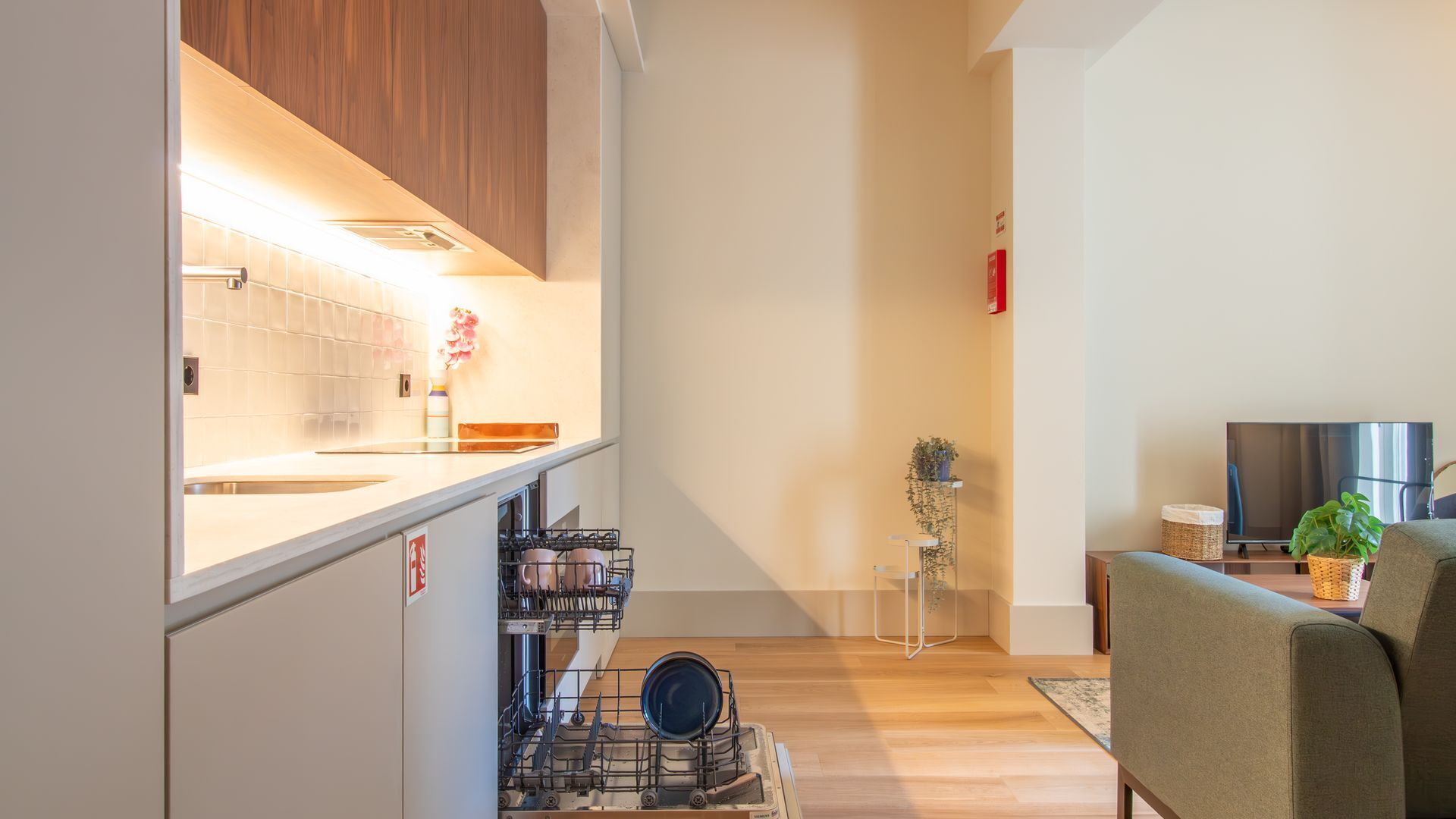 A compact kitchen with a dishwasher, a stove, and a sink. There is a dining area with a sofa and a TV.