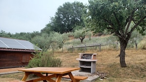 A wooden picnic table and barbecue grill in a grassy outdoor area with a wooden cabin in the background. - Bungalow con cucina in agriturismo in campagna immerso nel verde (Lazio)