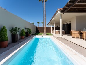 A swimming pool with a tiled deck, surrounded by potted plants and a covered seating area with wicker furniture.