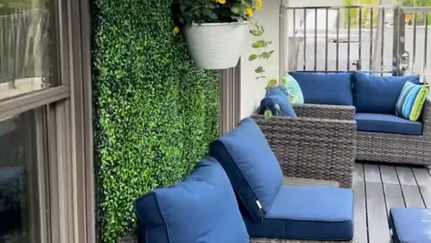 A covered outdoor seating area with blue cushions and a hanging planter with yellow flowers. - Lovely 1-bedroom apartment with Balcony, Wi-Fi, AC - only 30 mins to NYC (New Rochelle)