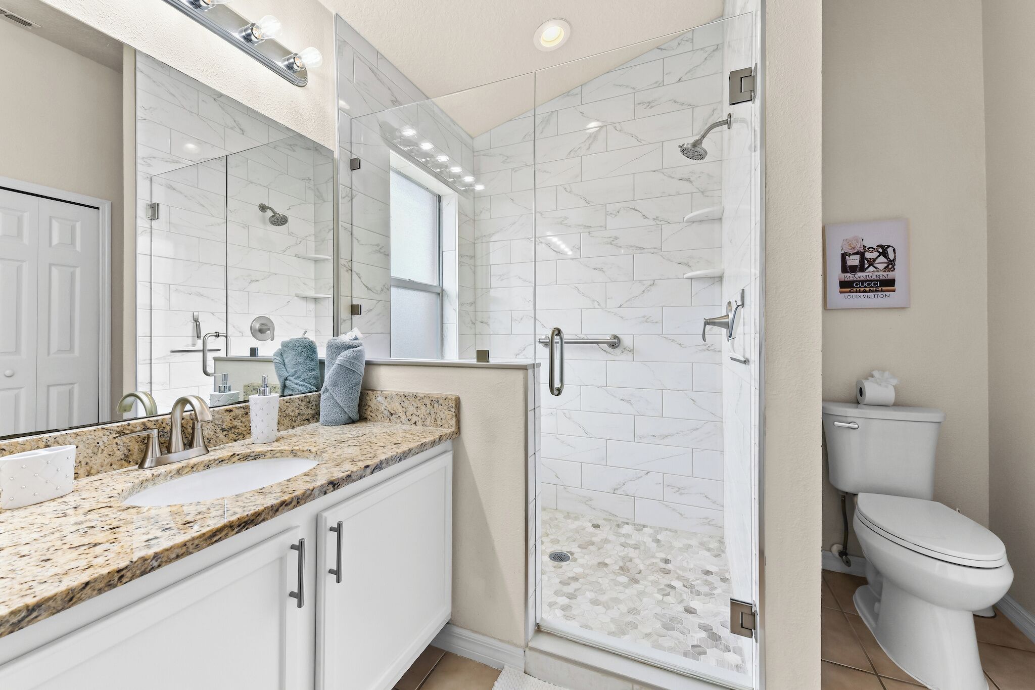 Hair dryer, towels, soap, toilet paper
