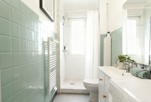 Shower, hair dryer, towels, soap