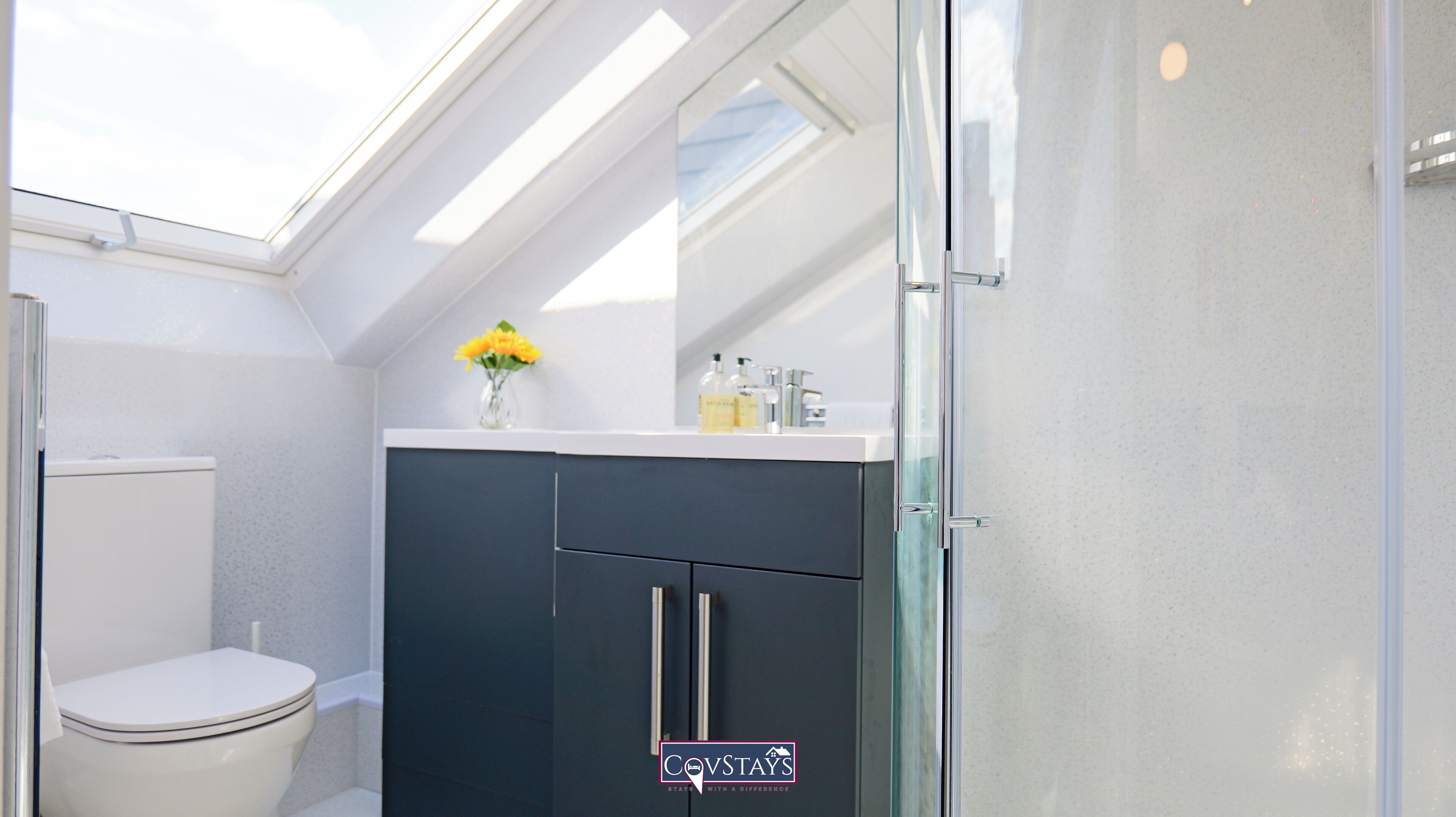 Une salle de bain moderne avec un puits de lumière, des toilettes, un meuble sombre et une cabine de douche en verre.