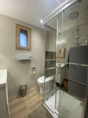Shower, hair dryer, toilet paper