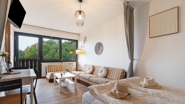 Ein Hotelzimmer mit Bett, Sofa, Tisch, Stuhl, Schreibtisch, Fernseher und einem Fenster mit Blick auf Bäume.