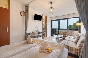 Habitación de hotel con dos camas, un escritorio, una silla, un sofá, un televisor y un balcón con vistas.