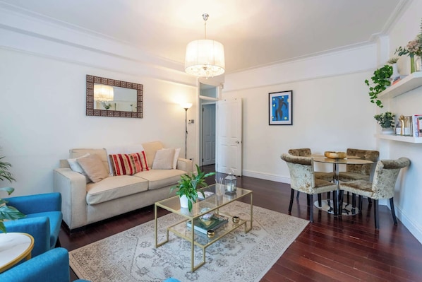 TV, fireplace, books