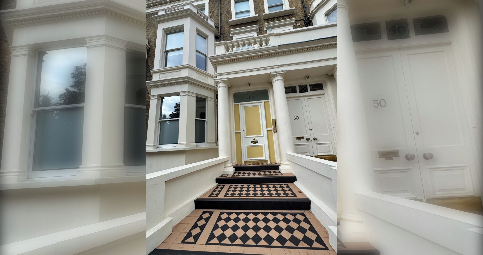 A corridor with a checkered floor leading to a door marked with the number 50.