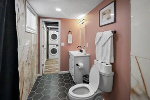 Hair dryer, towels, soap, toilet paper