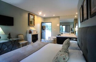 Una habitación de hotel con cama, escritorio, silla, chimenea y un espejo grande.