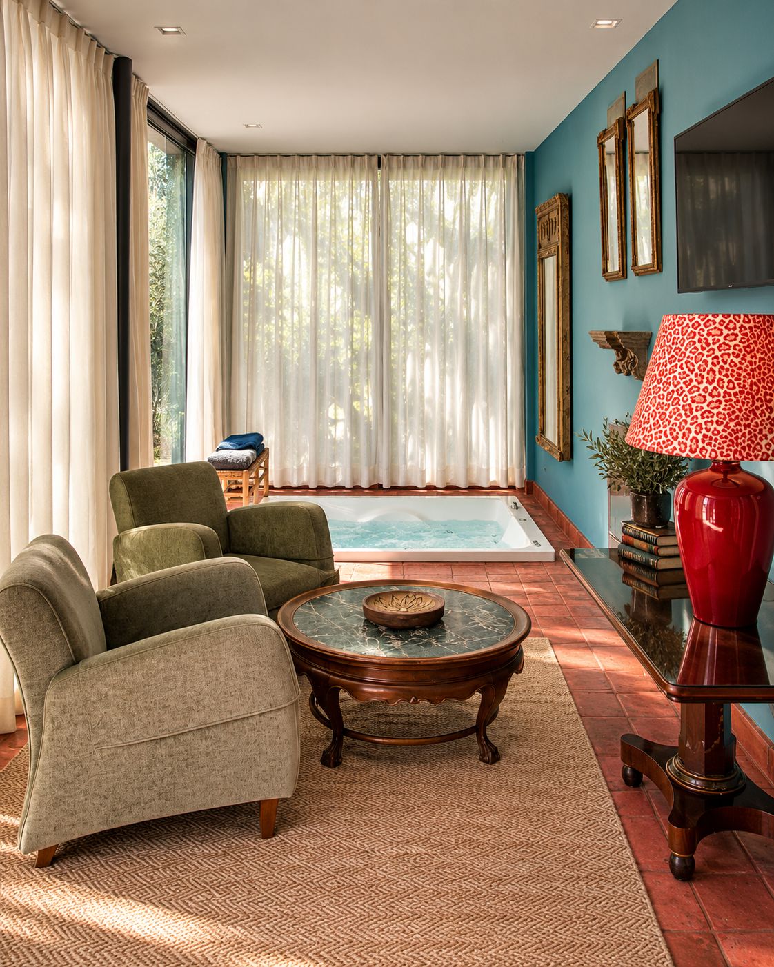 A living room with a sofa, armchairs, a coffee table, and a red lamp. There is a large window with curtains, a blue wall, and a fireplace.