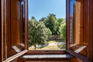 Une fenêtre avec des cadres en bois donnant sur une cour bordée d’arbres.