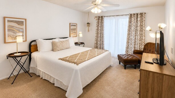 A hotel room with a bed, a desk, a chair, a ceiling fan, and a window with curtains.