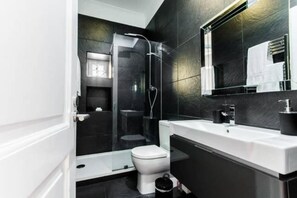 Shower, hair dryer, towels