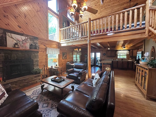 Televisie, een open haard, videospelletjes en een kantoor