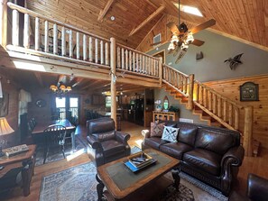 Televisie, een open haard, videospelletjes en een kantoor