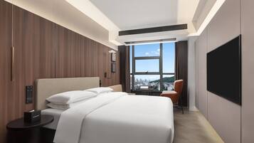 Una camera d'albergo moderna con un letto grande, una televisione e vista sulla città.
