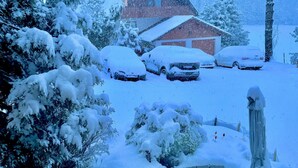 A snowy residential scene with a house, parked cars, and snow-covered trees. - Apartment with Panoramic View (Sankt Märgen)