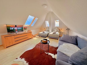 Camera in stile loft con televisione, due letti, una divano e un tappeto in pelle di mucca.