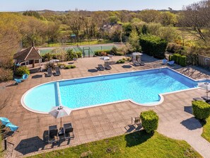 A rectangular swimming pool with a surrounding patio area, including lounge chairs and umbrellas.